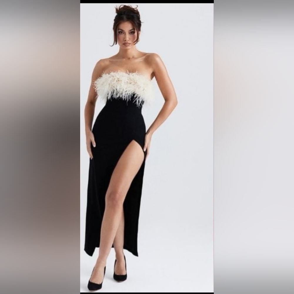 NWT House of CB Dress Sarai Feather Trim stretch crepe Cocktail Dress size M